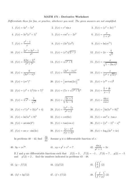 Math 171 Derivative Answer