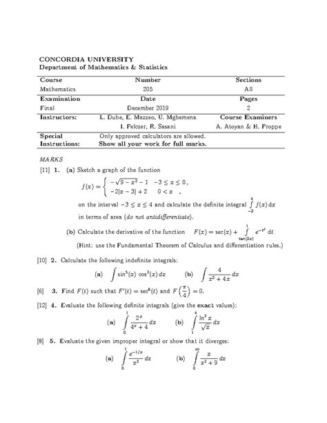 Math 205 Final Exam Concordia
