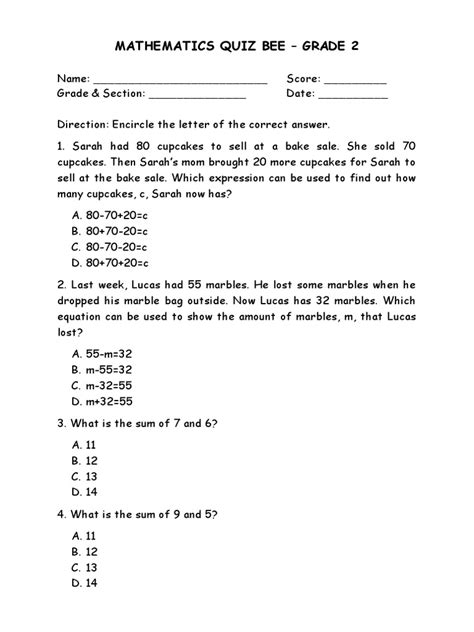 Math Bee Sample Questions For Kindergarten
