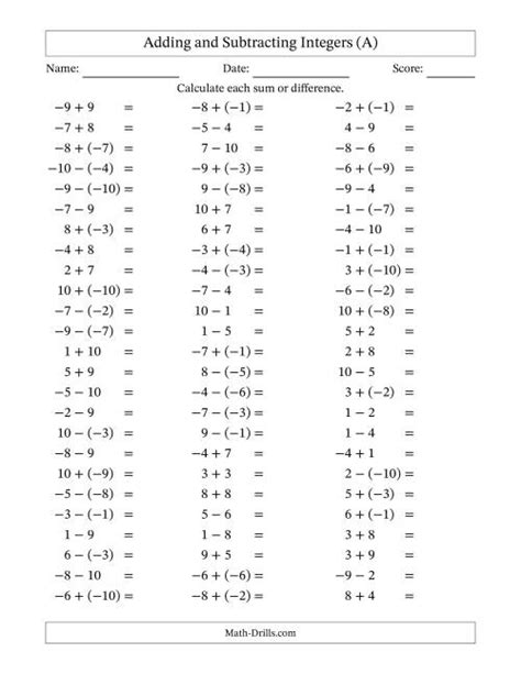 Math Drills Adding And Subtracting Integers Worksheet A