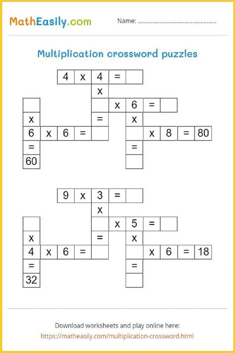 Math Multiplication Crossword Puzzles