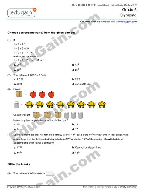 Math Olympiad Sample Questions For Class 6