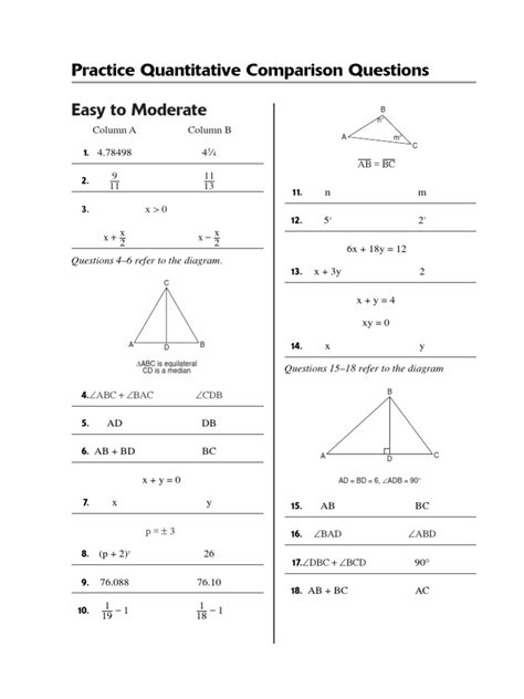 math quantitative comparison questions for middle school
