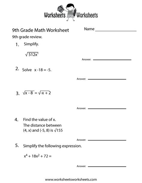 Math Worksheets 9th Grade   Printable Ninth Grade Grade 9 Worksheets Tests And - Math Worksheets 9th Grade