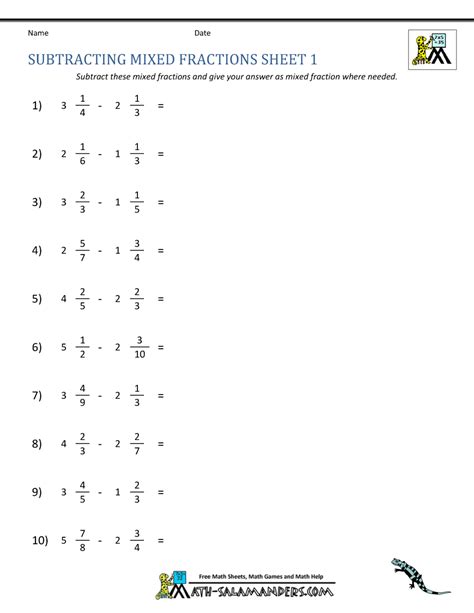 Math Worksheets For Subtraction Subtracting Mixed Numbers With Borrowing Worksheet - Subtracting Mixed Numbers With Borrowing Worksheet