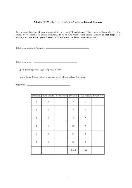 Full Download Math 212 Multivariable Calculus Final Exam 