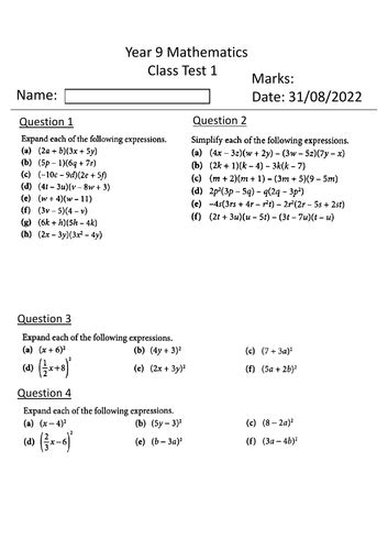 Download Math Test Papers Year 9 
