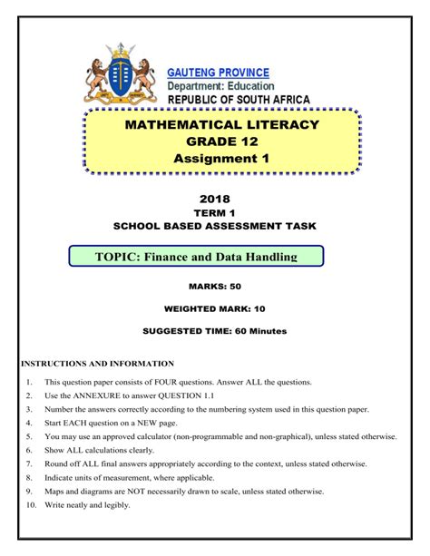 Read Online Mathematical Literacy Grade 12 Sba Guideline Gauteng 2014 Memo 
