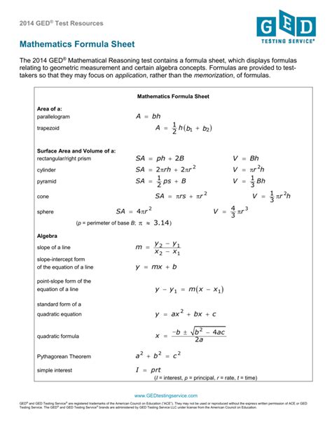 mathematics formula sheet explanation ged testing service