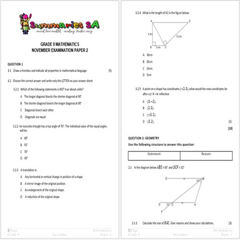Mathematics Grade 9 Exam Papers