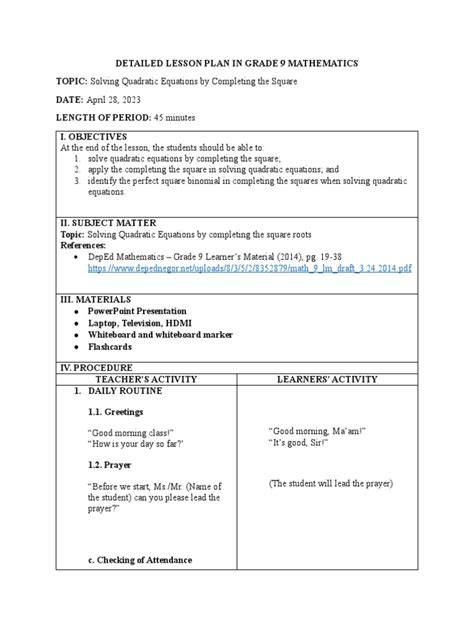 mathematics lesson plans grade 9 gauteng province