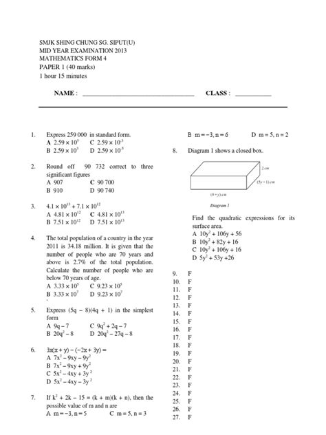 mathematics mid year exam 2013