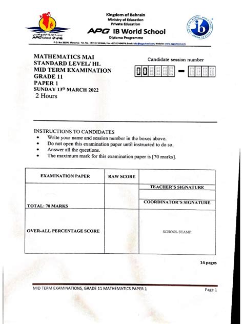 Mathematics Standard Level Paper 1 Studynova