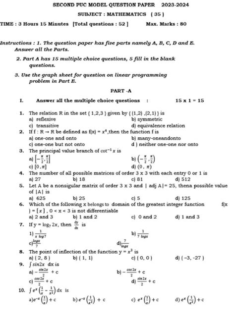 Download Mathematics 2Nd Puc Model Question Paper Ncert 