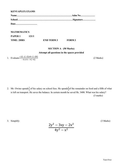 Download Mathematics Exam Papers Form 3 