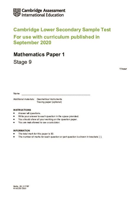 Full Download Mathematics Paper 1 Stage 9 