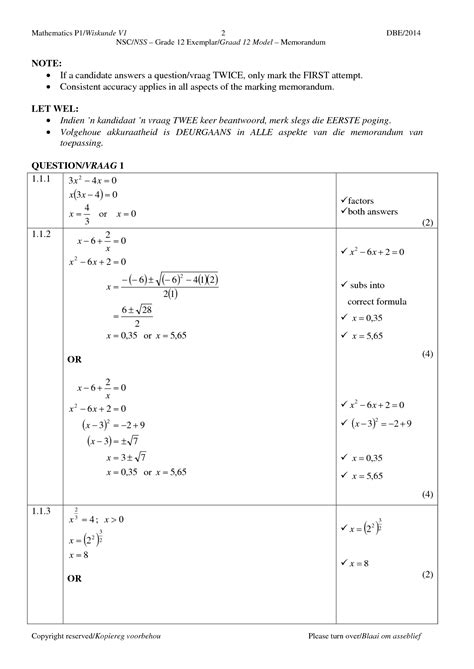 Download Mathematics Paper 1Grade 12 Exemplar Memo 2014 