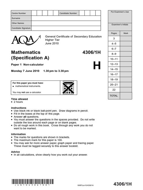 maths 4306 1h marck scheme may 2009