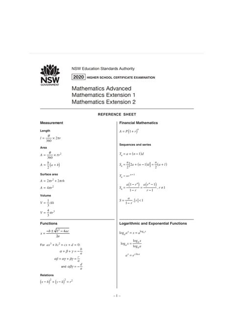 Maths Advanced Formula Sheet
