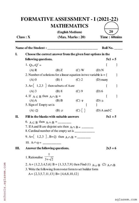 maths fa1 question paper for class 10