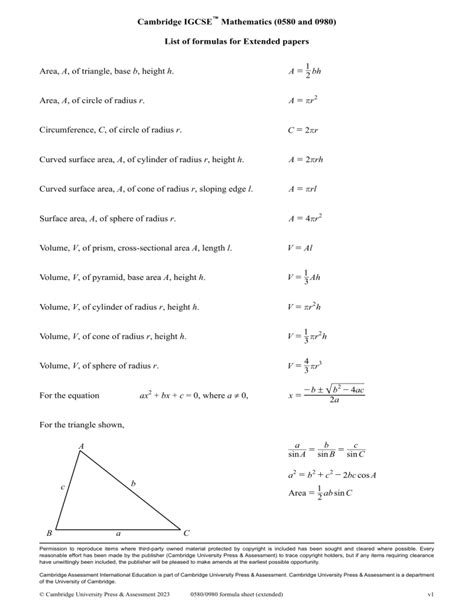 Maths Formula Sheet Igcse 0580