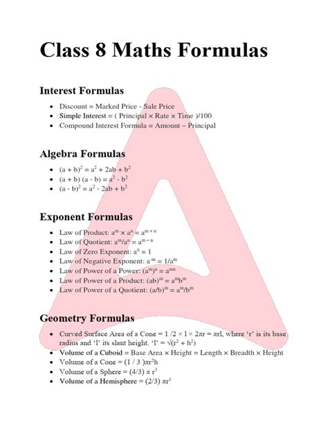 Maths Formulas For Class 8 Pdf Download