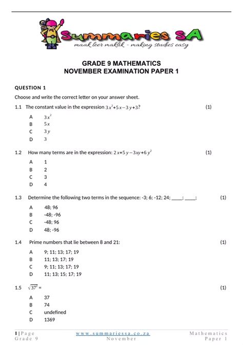 maths grade 9 examination 2014