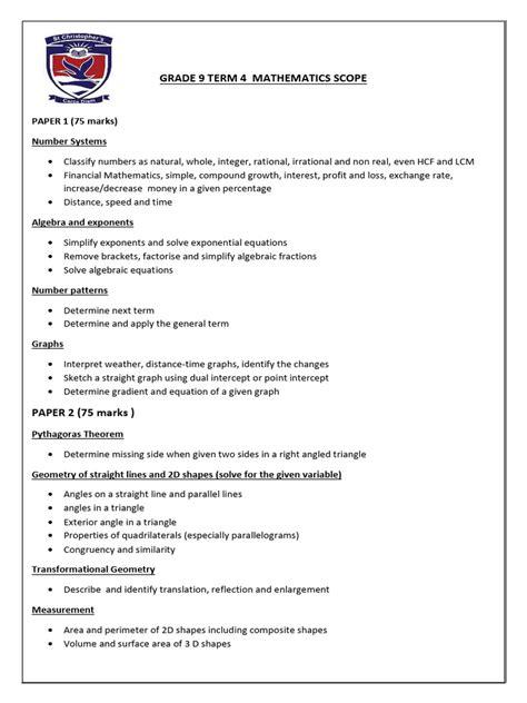 Maths Paper1 Scope Grade 9 November 2