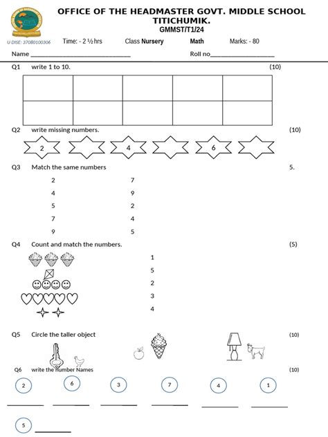 Maths Question Paper For Nursery Class