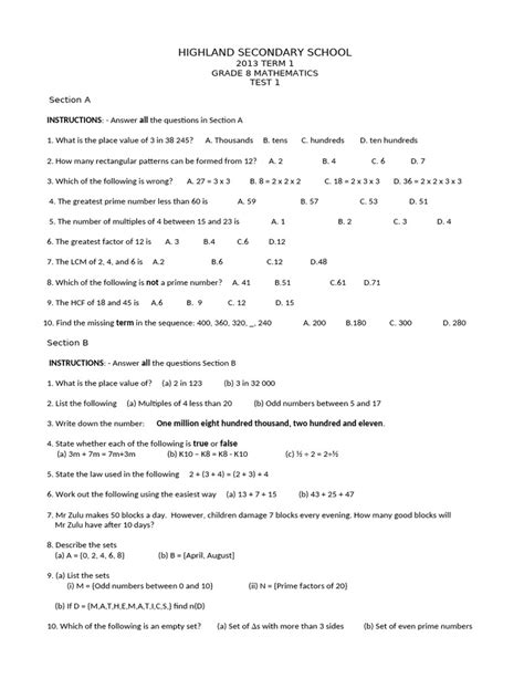 Maths Test 2013 Term 2 P1 P2