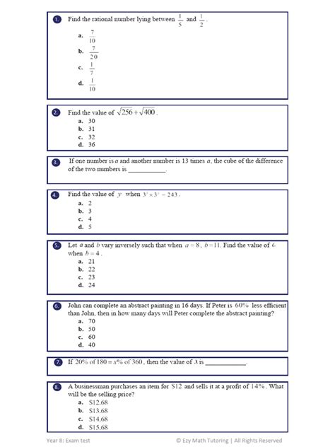 Maths Test Papers Year 8