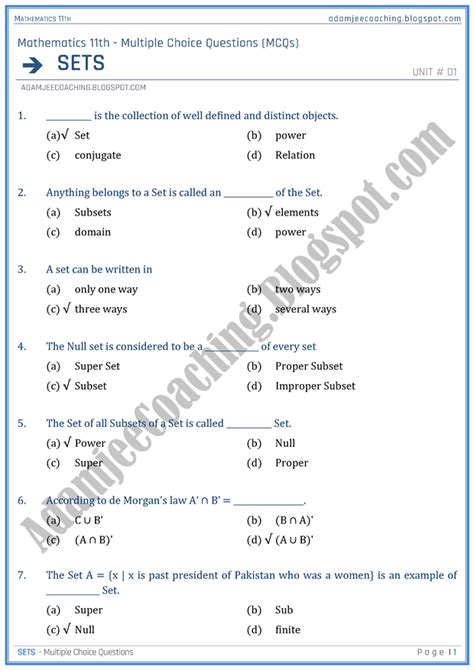 maths xi sets mcq questions