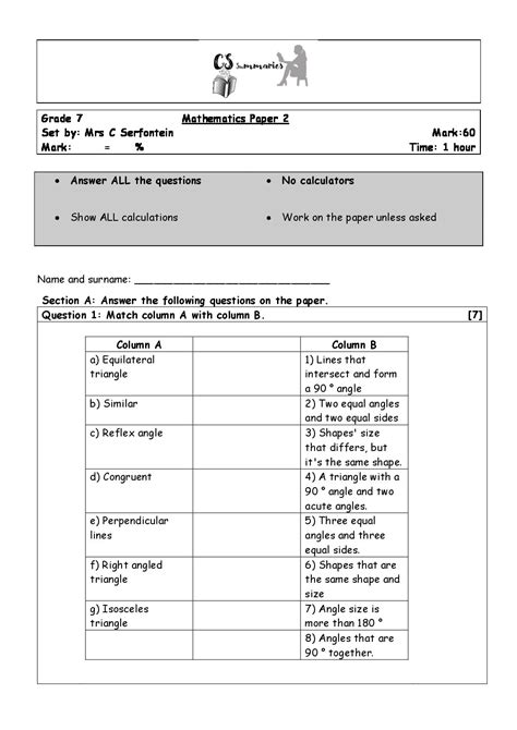 Download Maths Grade 7 South Africa Exam Papers 