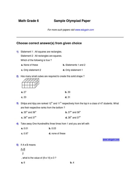 Download Maths Olympiad Grade 6 Past Papers 