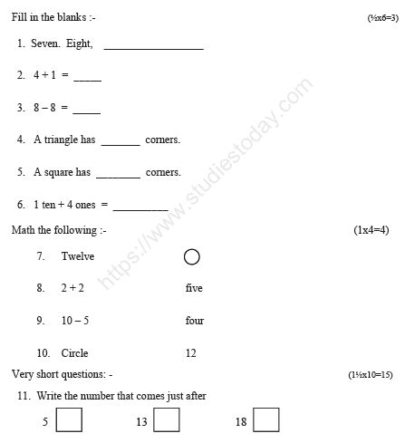Read Online Maths Paper Class 1 Joseph School 