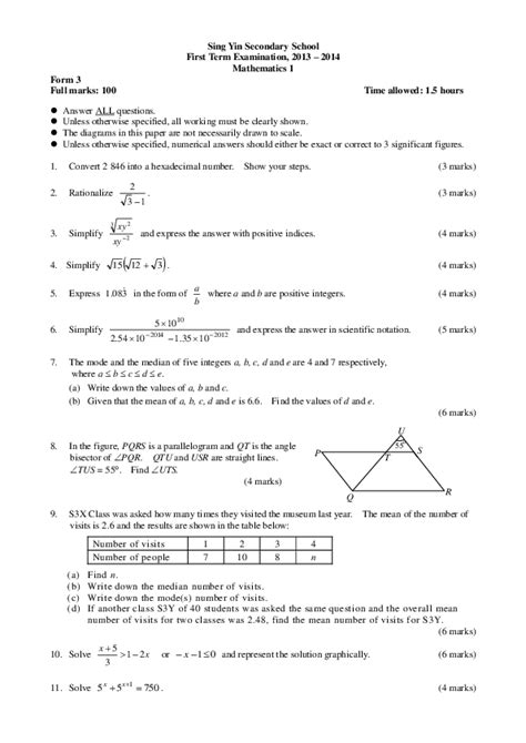 Read Online Maths Secondary 1 Past Question Paper 