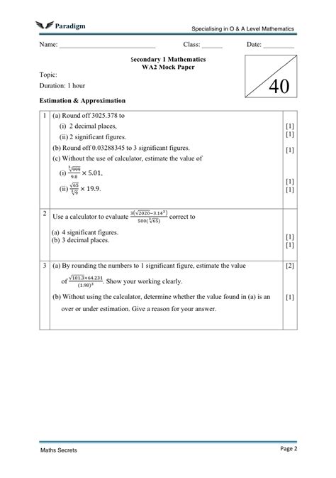 Read Online Maths Secondary 1 Past Question Paper 