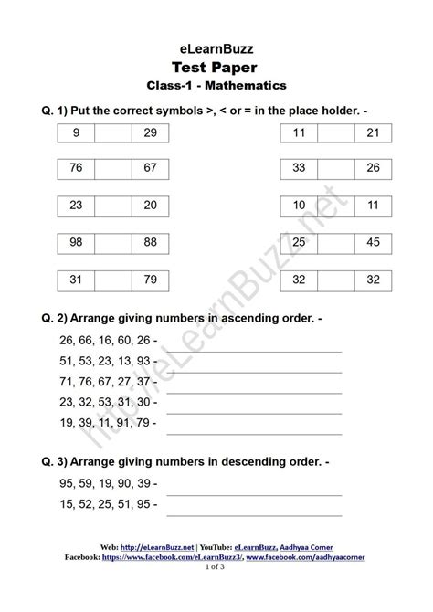 Read Maths Test Paper For Grade 1 