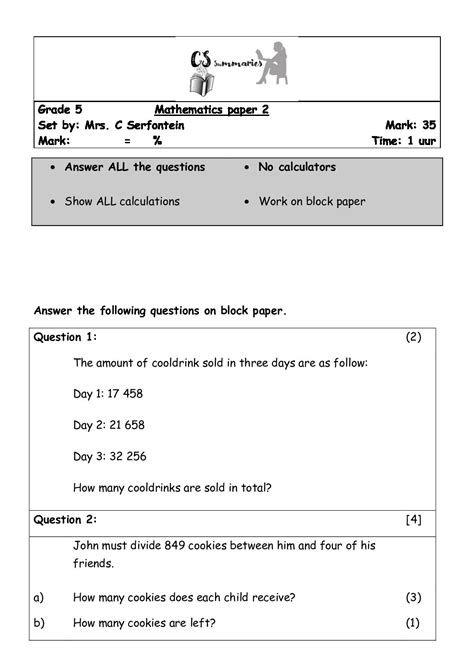 Download Maths Test Papers Standard 5 