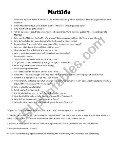Read Matilda Comprehension Questions And Answers 