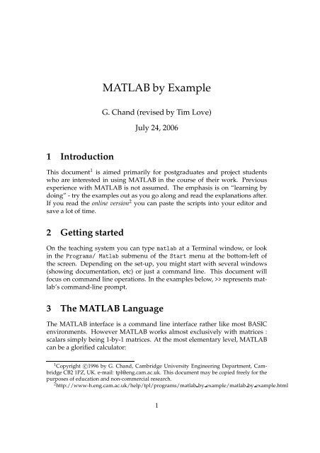 Matlab By Example Department Of Engineering University