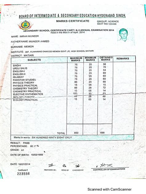matric marksheet 2014