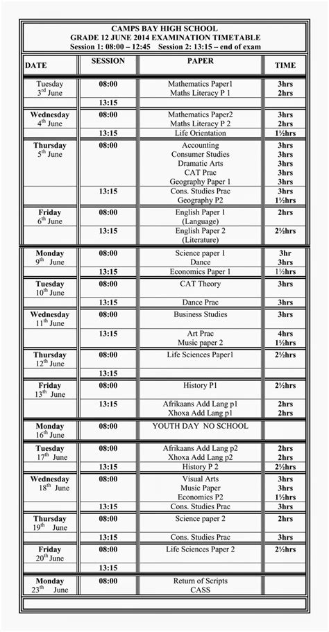 Matriculant June Timetable 2014
