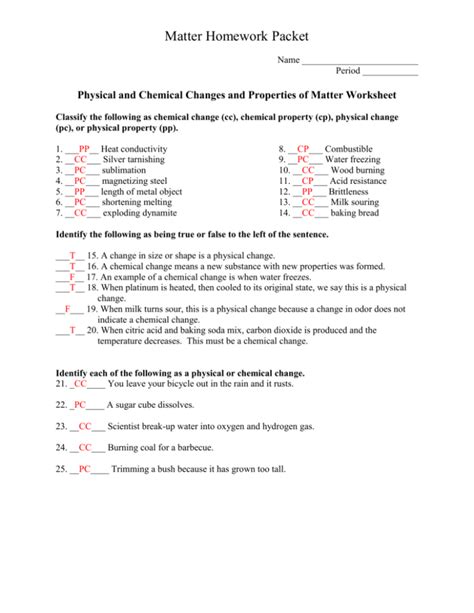 Matter Homework Packet Key Studylib Net Matter Worksheet Answer Key - Matter Worksheet Answer Key
