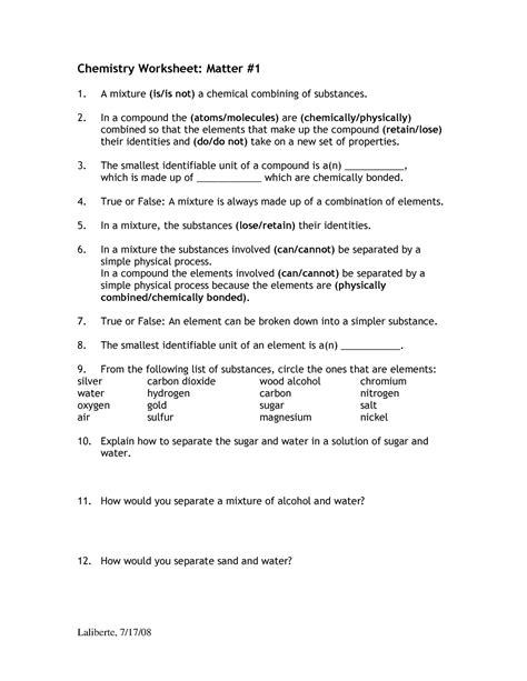 Matter In Chemistry Laliberte 7 17 Studocu Chemistry Worksheet Matter 1 Answers - Chemistry Worksheet Matter 1 Answers