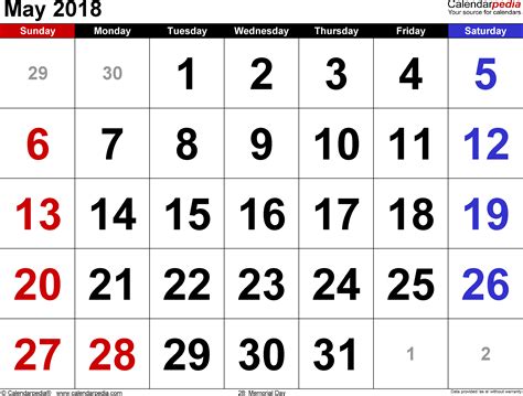 may 2018 calendar template landscape?