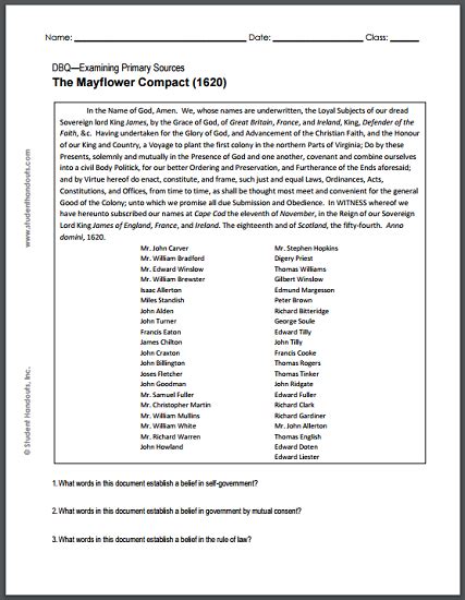 Mayflower Compact 1620 Dbq Worksheet Student Handouts Mayflower Compact Worksheet - Mayflower Compact Worksheet