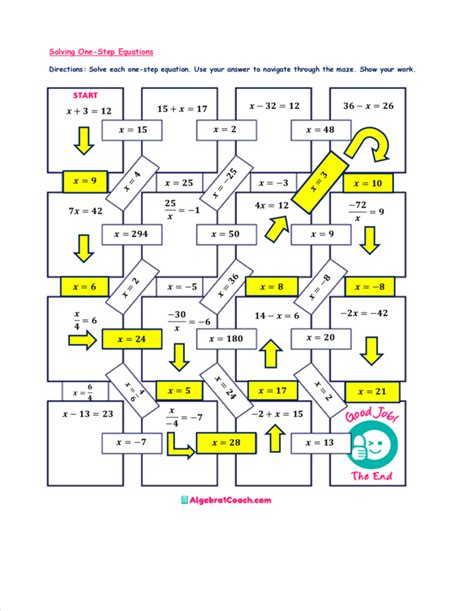 Maze Solving Equations Activities Algebra 1 Coach One Step Equations Puzzle Worksheet - One Step Equations Puzzle Worksheet