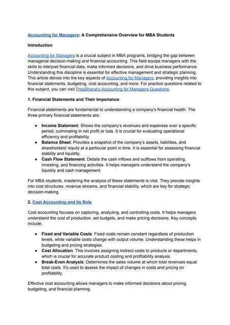 mba accounting finance for managers