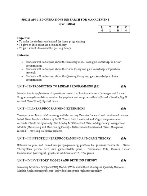 Mba Applied Operations Research